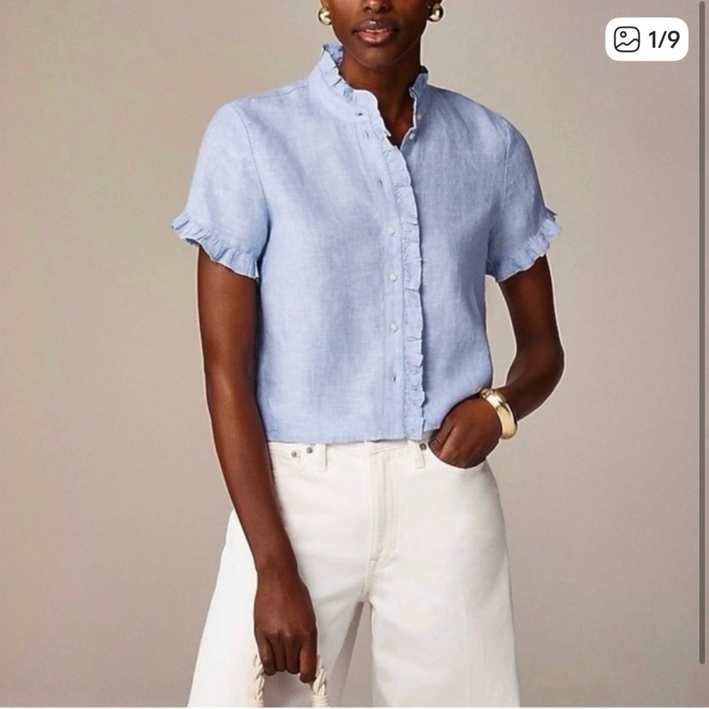 J. Crew Ruffle-Trim Linen Short Sleeve Top